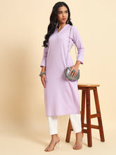 Thread Plus Cotton Flax Straight Kurti In Lavender Color For Women